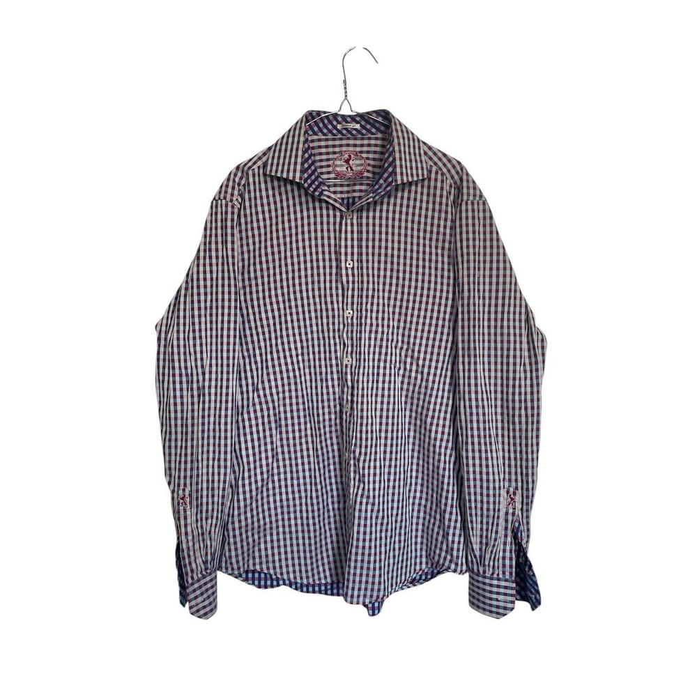 Bugatchi Button Down Shirt Mens XL Blue Pink Gingham Shaped Fit Cotton LS